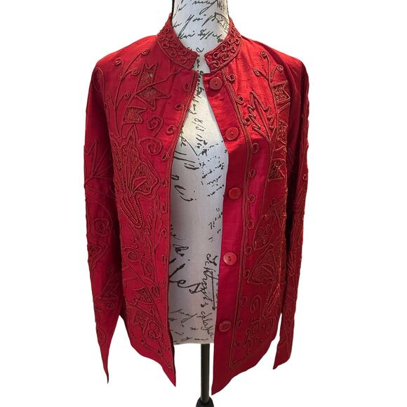 Vintage Norm Thompson Ruby Red Silk Embroidered Holiday Festive Jacket Size M - Picture 4 of 9